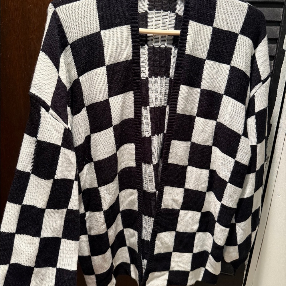 Black & White Checkerboard Knit Cardigan